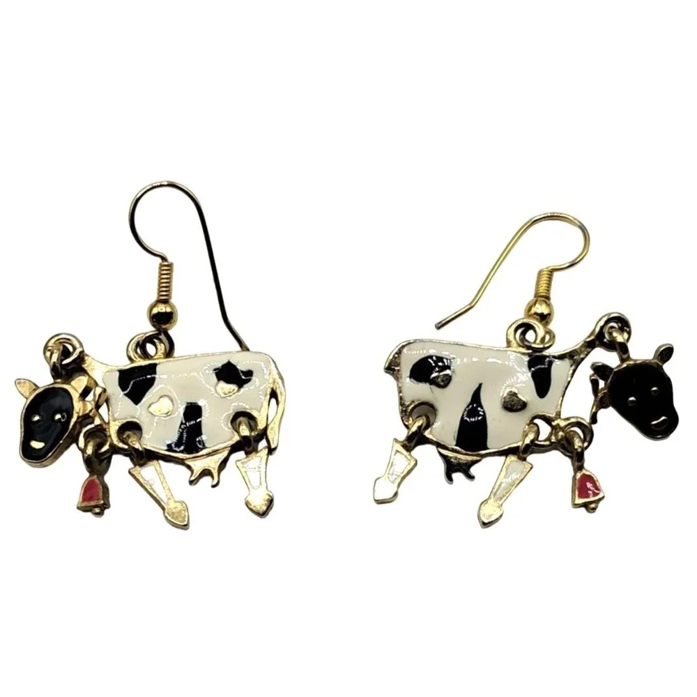Enamel Cow Earrings Articulating Pierced Novelty Signed Jewelry‎